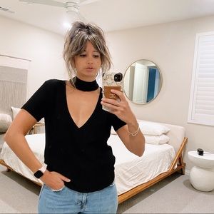 Black Mock Neck Cutout Blouse